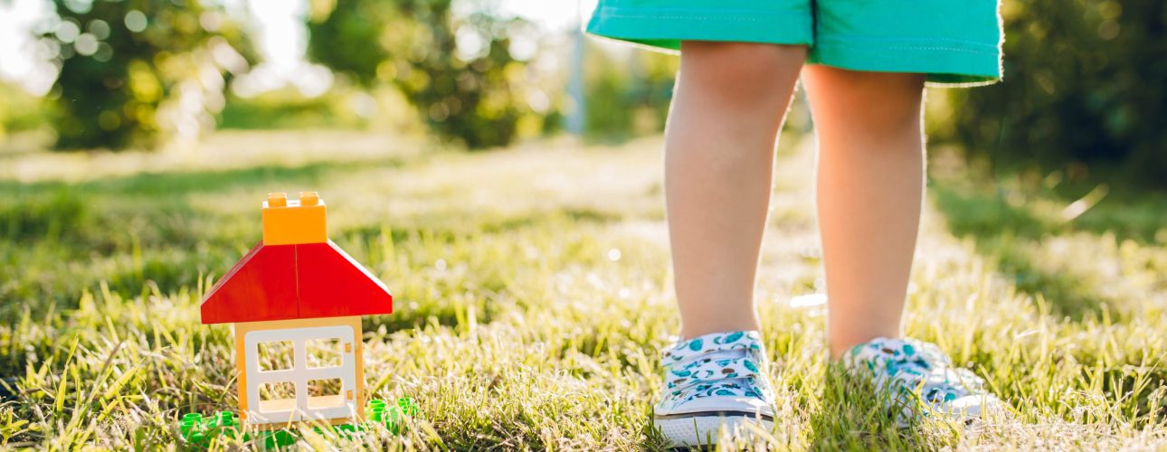 Little cute boy and his house in summer garden